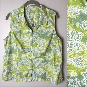 Brisas Sleeveless Shirt Size Large Top Button Up Cotton Floral Green Blue White